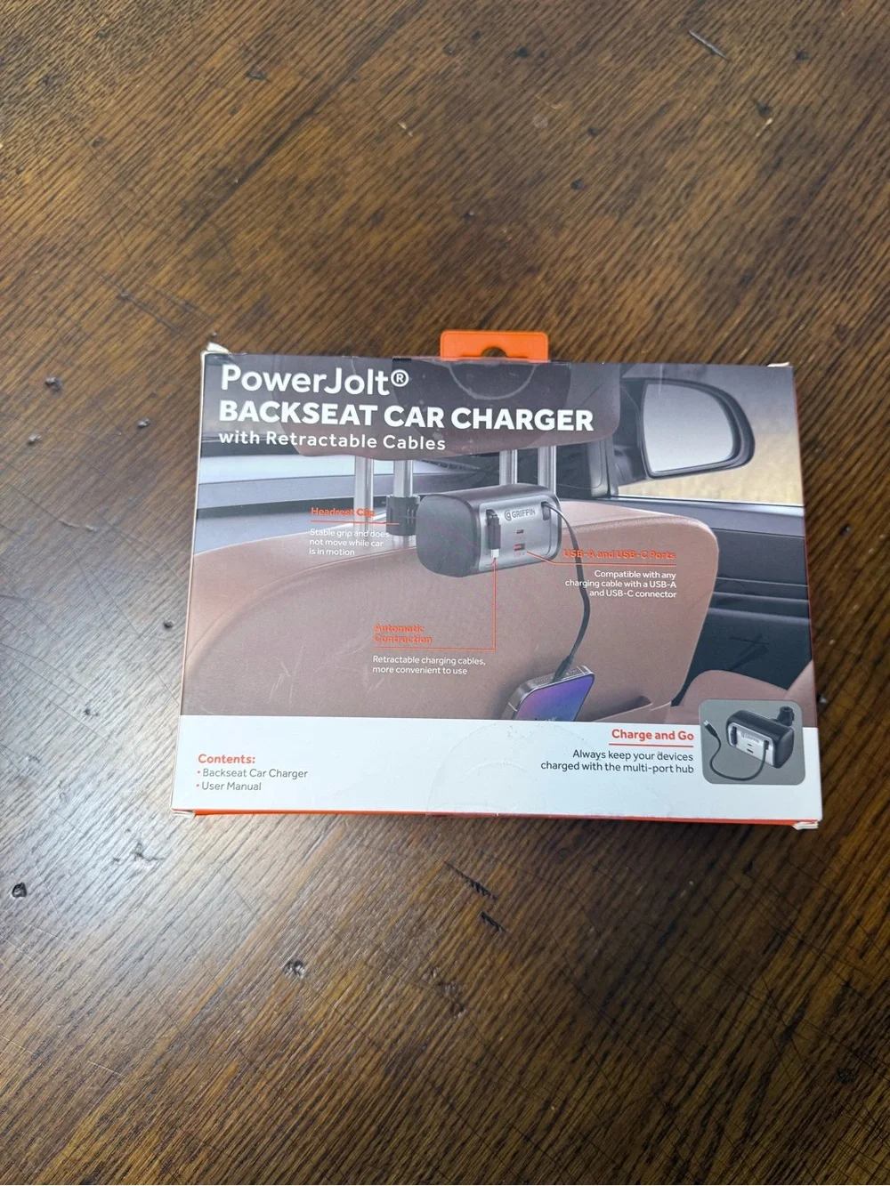 Griffin PowerJolt 5-in-1 Backseat Car Charger Retractable USB-C USB-A Hub Black